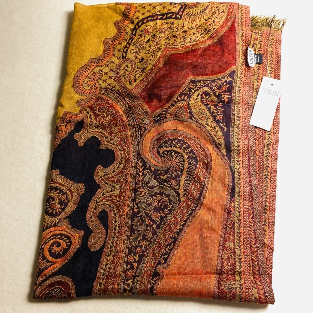 Chicos Asmera Shawl Wrap Multi Paisley 100% Wool Fringed Scarf NWT 27X82